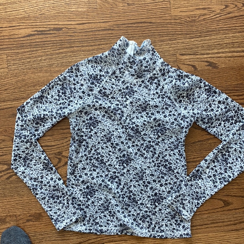 Semi-sheer lightweight blue floral turtleneck